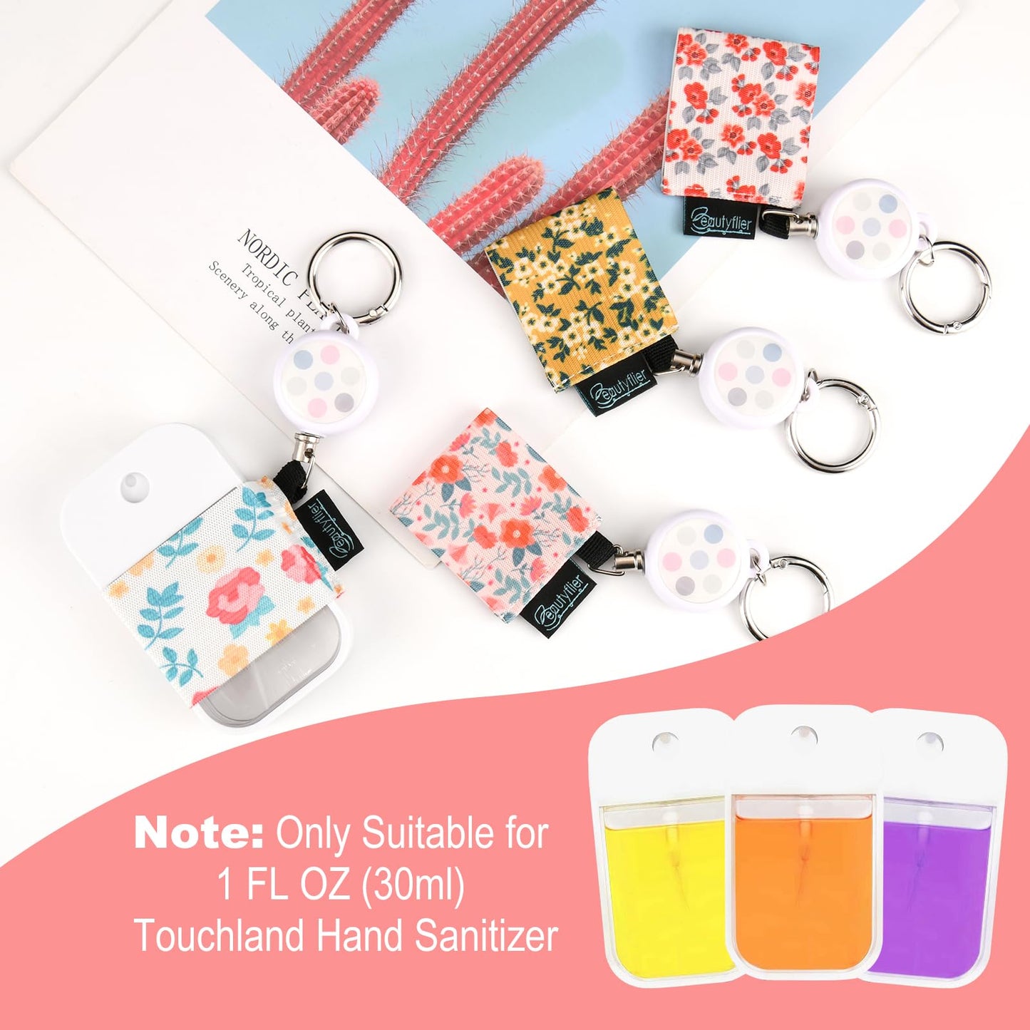Beautyflier Pack of 4 Elastic Sleeve for Touchland Power Mist and Glow Mist 1FL OZ Hand Sanitizer Spray, Exquisite Patterns Holder Sleeve with Keychain, Perfectly for Travel (Sleeve Only)