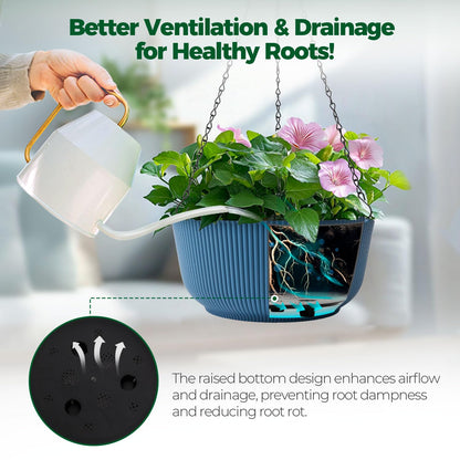 T4U 8 Inch Hanging Planters for Indoor Outdoor Plants, Self Watering Hanging Pot Pack of 2, Hanging Pots with Drainage Hole & Plug & Chain with 3 Hooks for Garden Home Decor, Blue