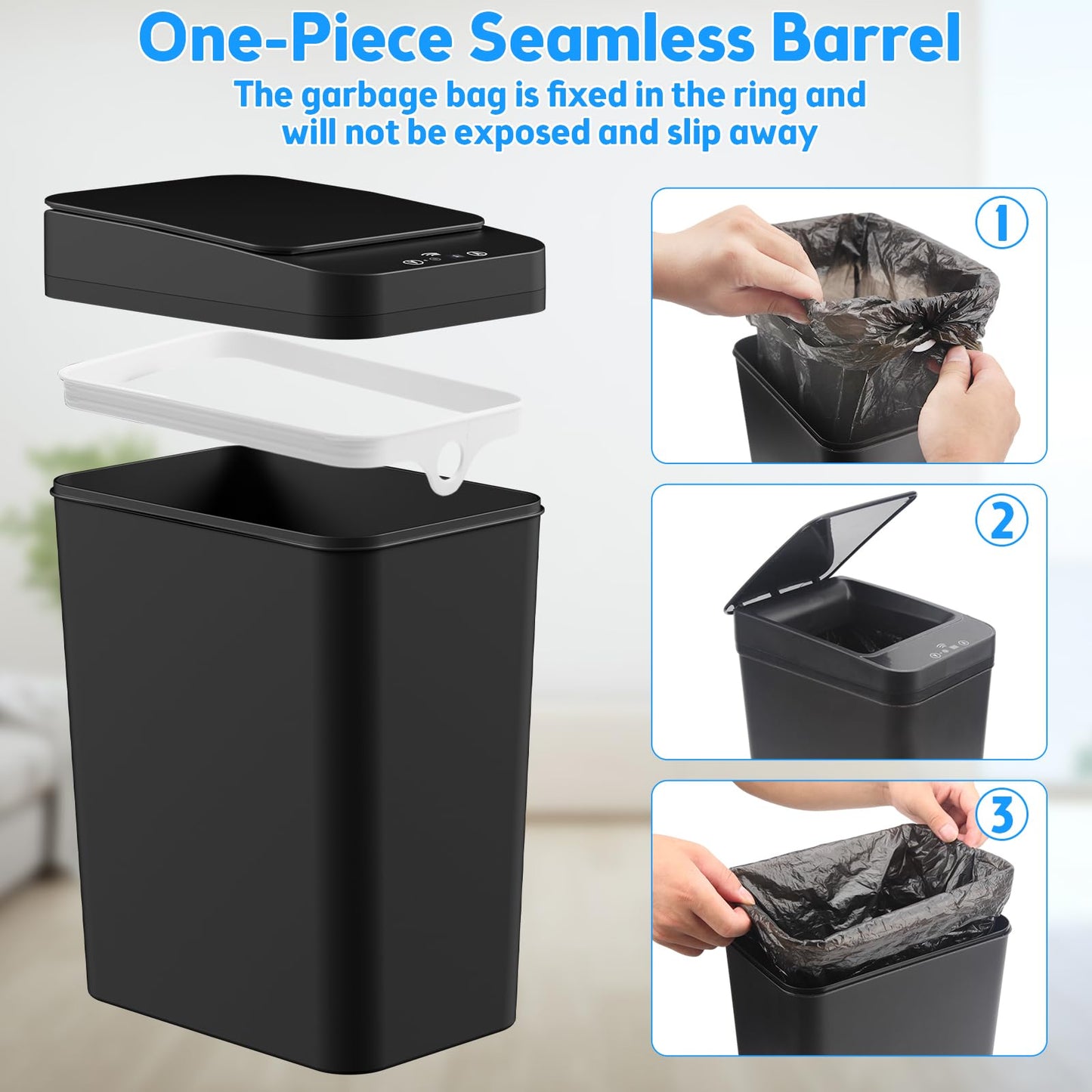 Bathroom Trash Can with Lid, KOEYLE 2 Pack 2.2 Gallon Automatic Touchless Garbage Can, Small Motion Sensor Smart Trash Can, Slim Waterproof Trash Bin for Bedroom, Bathroom, Office, Living Room (Black)