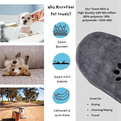 Penny & Niko Microfiber Pet Towel Mitts - Paw Cleaning and Drying Mitts/Gloves for Dogs and Cats (Gray, Standard - 2 Pack)