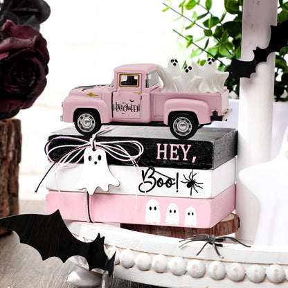 Halloween Decorations - Mini Cute Farmhouse Style Halloween Metal Truck Decor with 3 Removable Mini Ghost Ornaments for Tabletop, Tiered Tray, Shelf, Fireplace and Home Indoor Décor(Halloween-Pink)