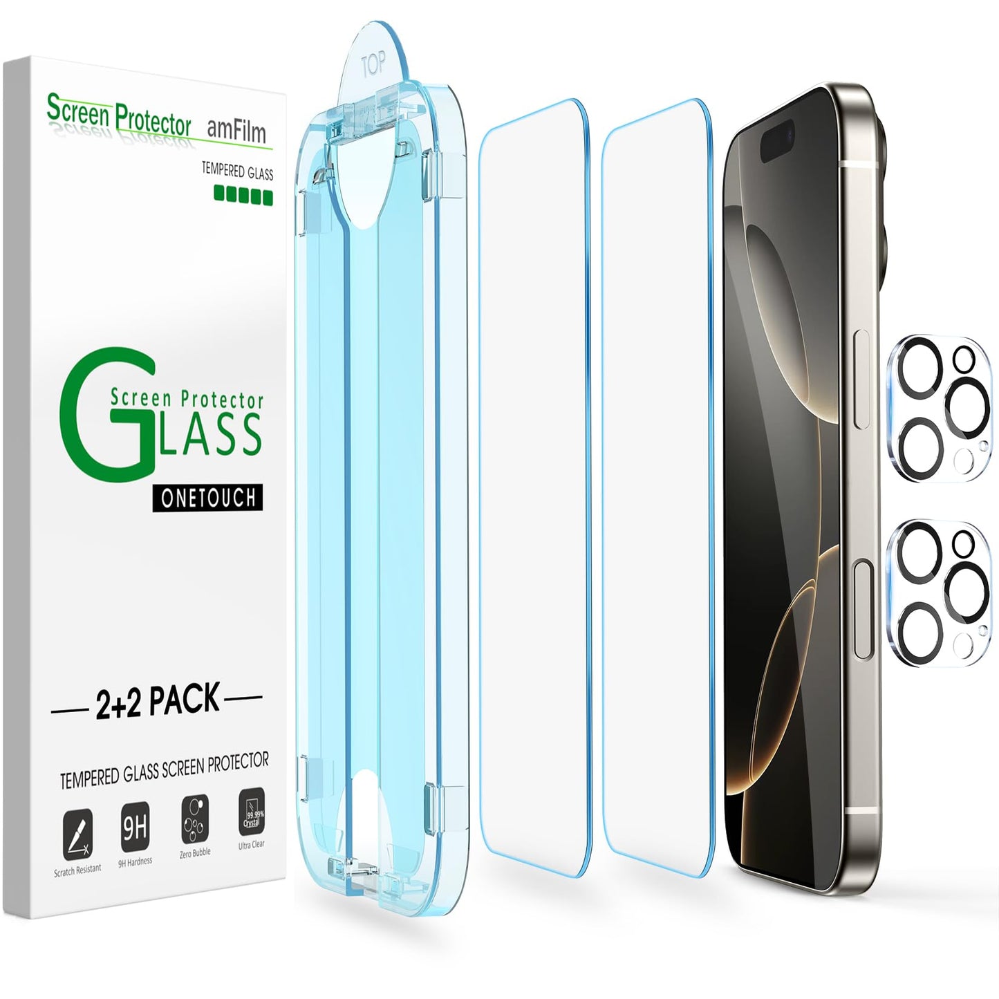 amFilm Easiest Installation OneTouch for iPhone 14 Pro [6.1 Inch] Screen Protector Tempered Glass, Auto-Alignment Tech, Bubble Free and Full Coverage Case Friendly, Anti-Scratch 2 Pack