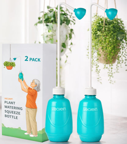 VEOJEIN Longest Spout Plant Watering Squeeze Bottle [16,2", Pack of 2], Watering Can for Hanging Plants, Original Extended Design for Hard-to-Reach Plants Indoor & Outdoor Watering, 15 oz (Teal)