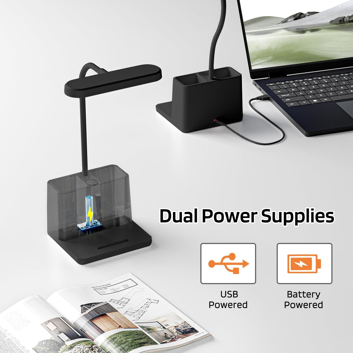 AXX Black LED Desk Lamp for Home Office Bedroom, Battery Operated Table Light for Computer Desktop, Small, Cute, Dimmable, Rechargeable, Flexible Gooseneck, Pen Holder, Phone Mount, Touch Control