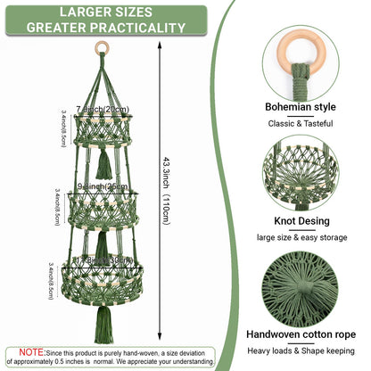 3 Tier Hanging Fruit Baskets for Kitchen, Macrame Plant Hanger Cotton Rope Handwoven Hammock Produce Storage Organizer Basket for Plants Holder, Vegetable, Onion, Potato (Green)