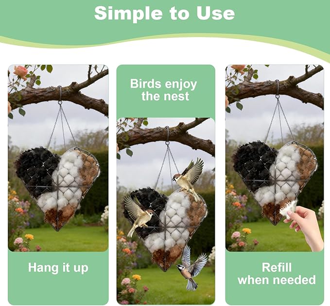Handmade Alpaca Fiber Bird Nesting Heart, Refillable Hummingbird Nesting Holder with Natural Nesting Materials, Heart Shape Outdoor Bird Shelter for Garden Yard Tree, Wildlife Gift for Bird Lovers