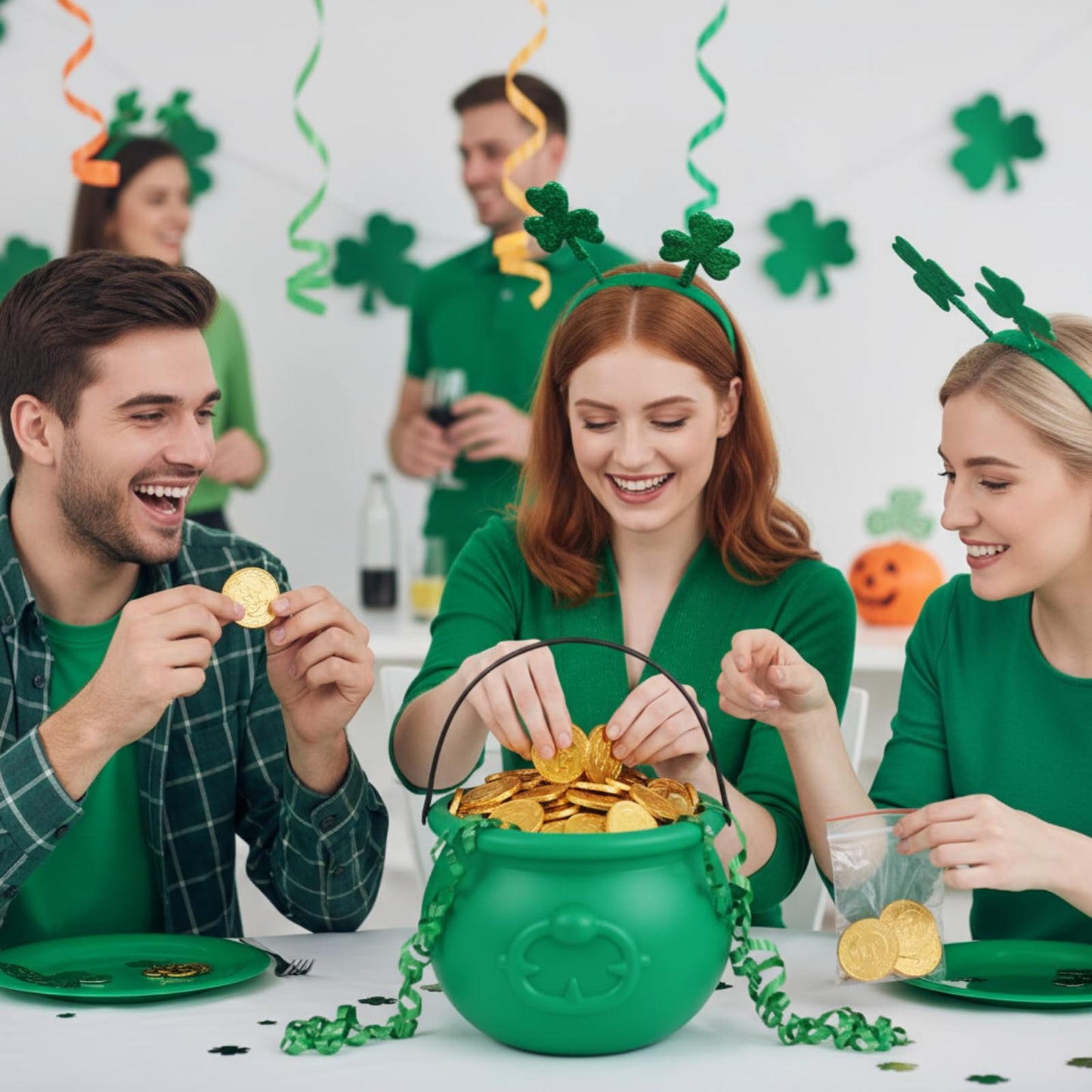 Soulchen 7.6" St Patricks Day Cauldron Plastic Pot of Gold Bucket Cauldron Kettle Leprechaun Irish Party Decoration Favors Supplies for Coins Candy(Green)