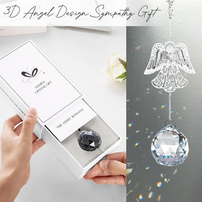 Elivida Memorial Modern Sympathy Gift for Loss of Mom - 3D Angel Design Grief Hanging Ornament With 40mm Clear Crystal Ball Rainbow Maker - Bereavement Idea for Women