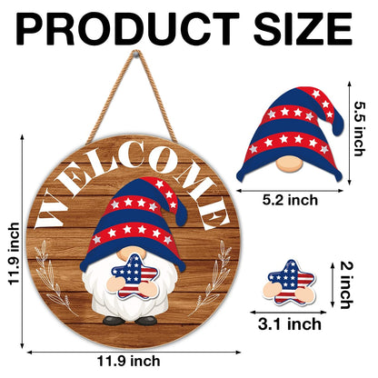 Interchangeable Gnome Welcome Sign Summer Patriotic 4th of July Porch Decor, Changeable Wooden Gnomes Front Door Decoration Wreath Hanger for Spring Fall Winter All Seasons Holiday, Russety