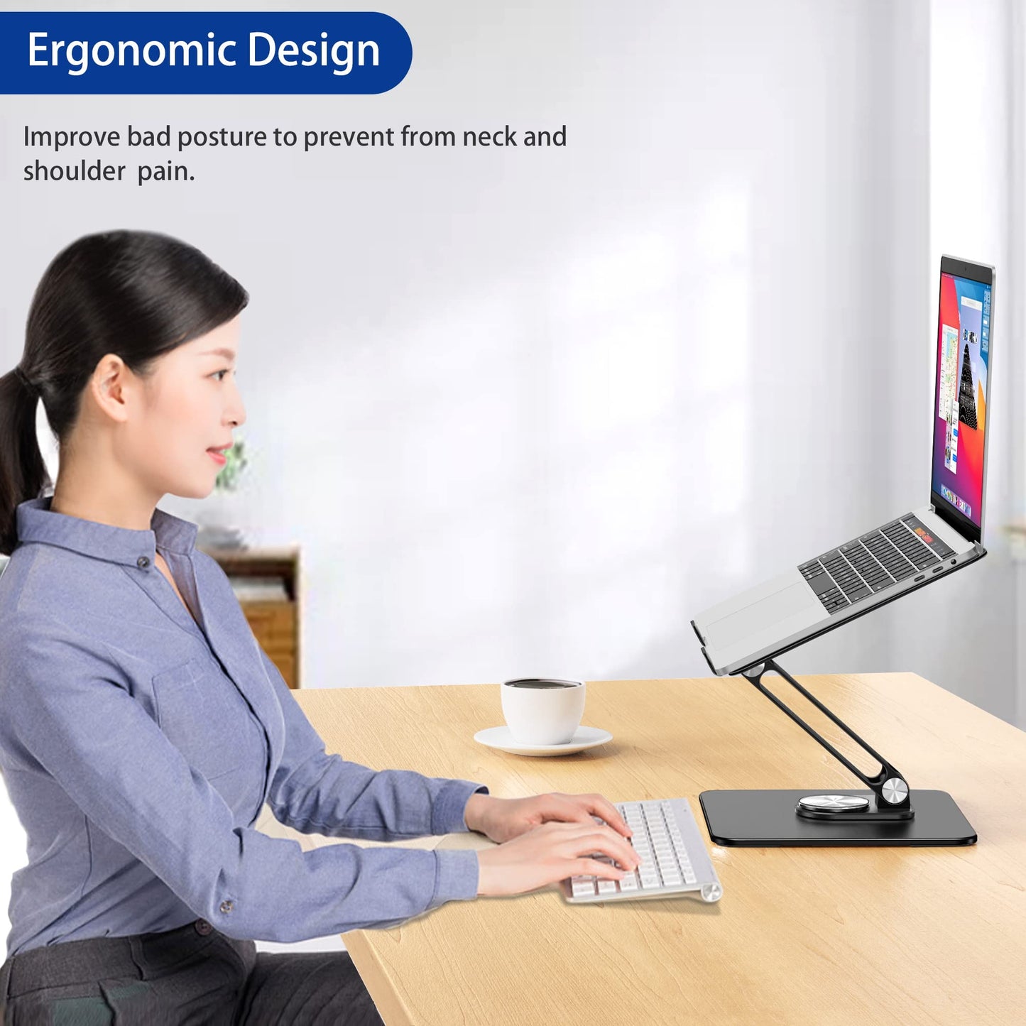 BESIGN LSX7 Laptop Stand with 360 Rotating Base, Ergonomic Adjustable Notebook Riser, Foldable Computer Holder Compatible with 10-15.6" Laptops (Black)