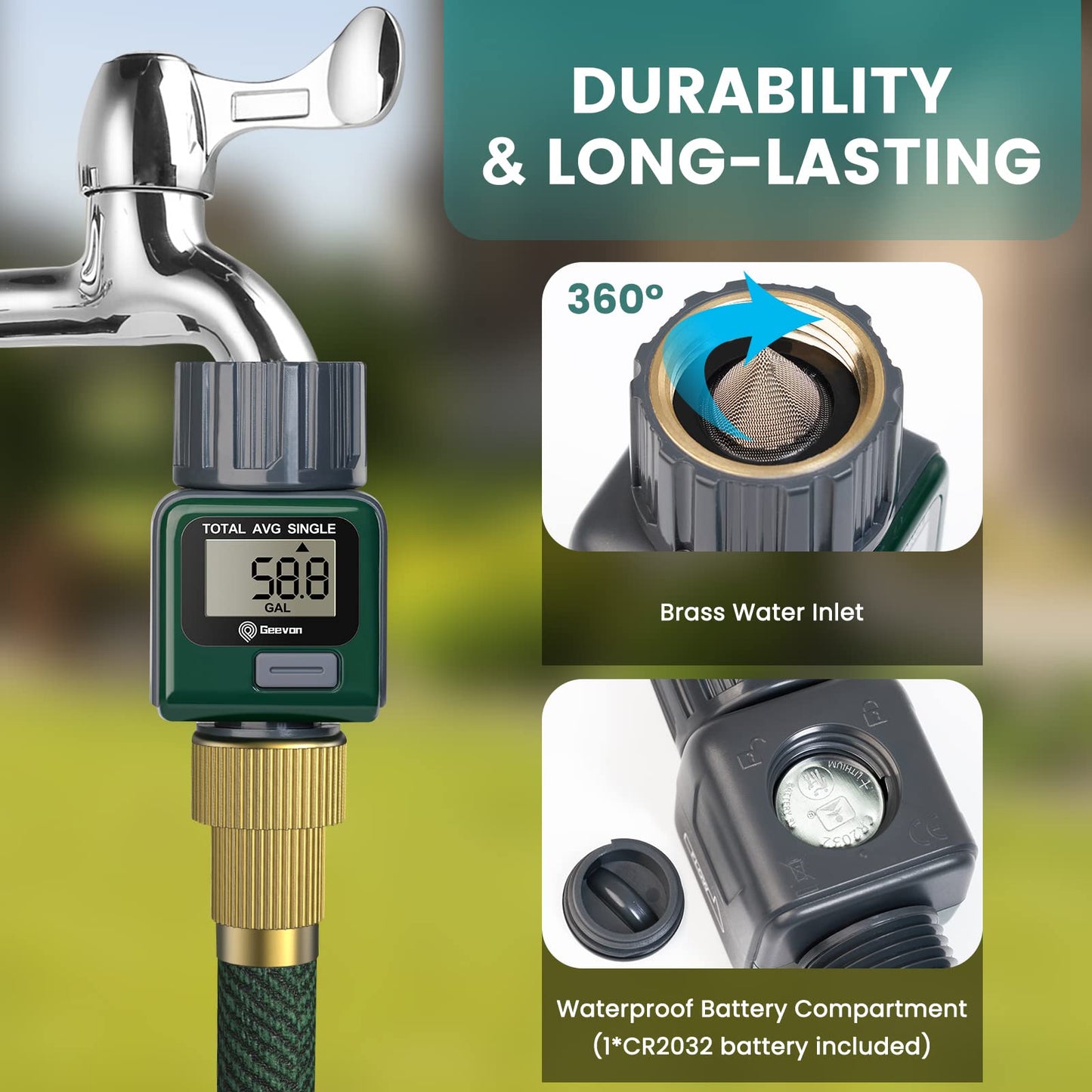 Geevon Garden Hose Water Flow Meter with Brass Inlet Metal Thread, High Accuracy & IPX6 Waterproof for Outdoor Garden Watering, RV Water Tank Filling, Lawn Sprinkler, and Nozzle Sprayer (2 Pack)