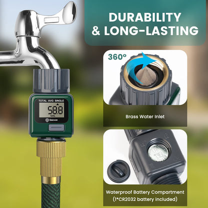 Geevon Garden Hose Water Flow Meter with Brass Inlet Metal Thread, High Accuracy & IPX6 Waterproof for Outdoor Garden Watering, RV Water Tank Filling, Lawn Sprinkler, and Nozzle Sprayer (2 Pack)