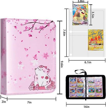 CLOKORIA Card Binder for Girls Gifts,440 Cards Collectible Trading Card Holder Case with 55 Sleeves, 4 Pocket for TCG Game Cards Collection Sports Trading Cards Collector Album (Sakura cat)