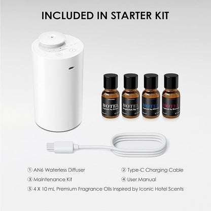 Airversa Waterless Essential Oil Diffuser Starter Kit with 4 x 10mL Hotel Scent Fragrance Oil, Battery Operated Mini Scent Air Machine Portable Diffuser for Home Car Office, AN6Kit-04 White