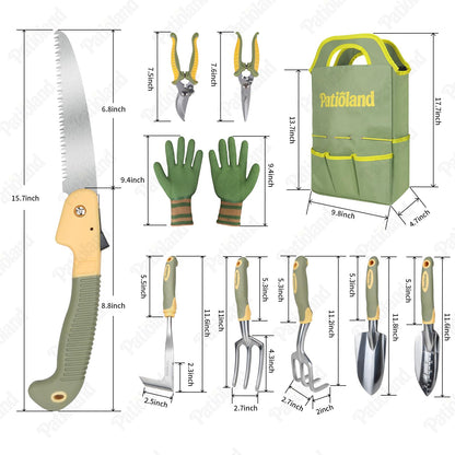 10-Piece Garden Tool Set, Green Gardening Hand Tools Kit with Ergonomic Non-Slip Handles, Heavy Duty Rust-Proof Aluminum Tools, Organizer Tote Bag & Gloves, Ideal Garden Gifts for Women and Men