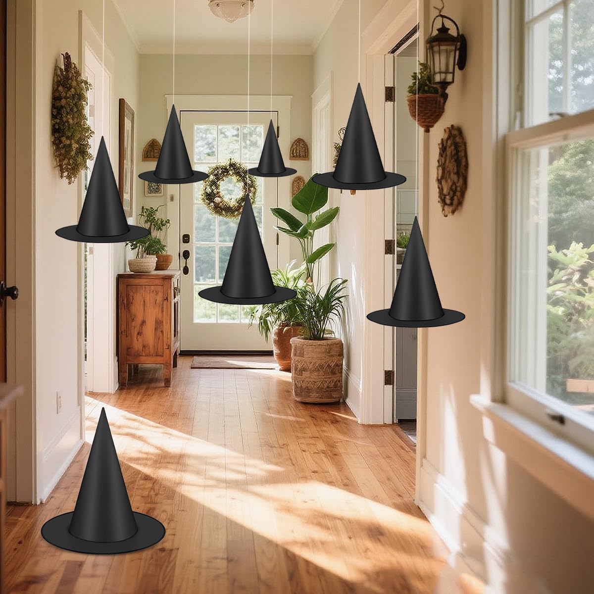 29 IYEBRAO 15 Pcs Halloween Decorative Witch Hats, Thick Black Witch Hats Bulk, With 147 FT Rope Hanging Witch Hat, Halloween Outdoor and Indoor Decoration Party Supplies, Witch Costume Accessories