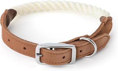 Mile High Life Genuine Leather Dog Collar, Durable Braided Cotton Rope Collar with Metal Pin Buckle for Small Medium Large Dogs (Cream, S Neck 11"-15")