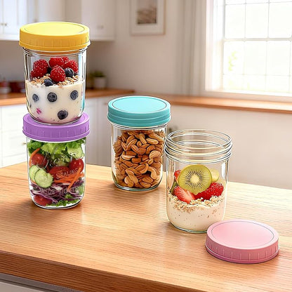 4-Pack Overnight Oats Containers with Lids and Spoons, 16 oz Glass Mason Jars with Airtight Lids and 2.7 oz Condiment Containers for Overnight Oats, Chia Seed Pudding, Yogurt, Snacks, Cereal, Fruit