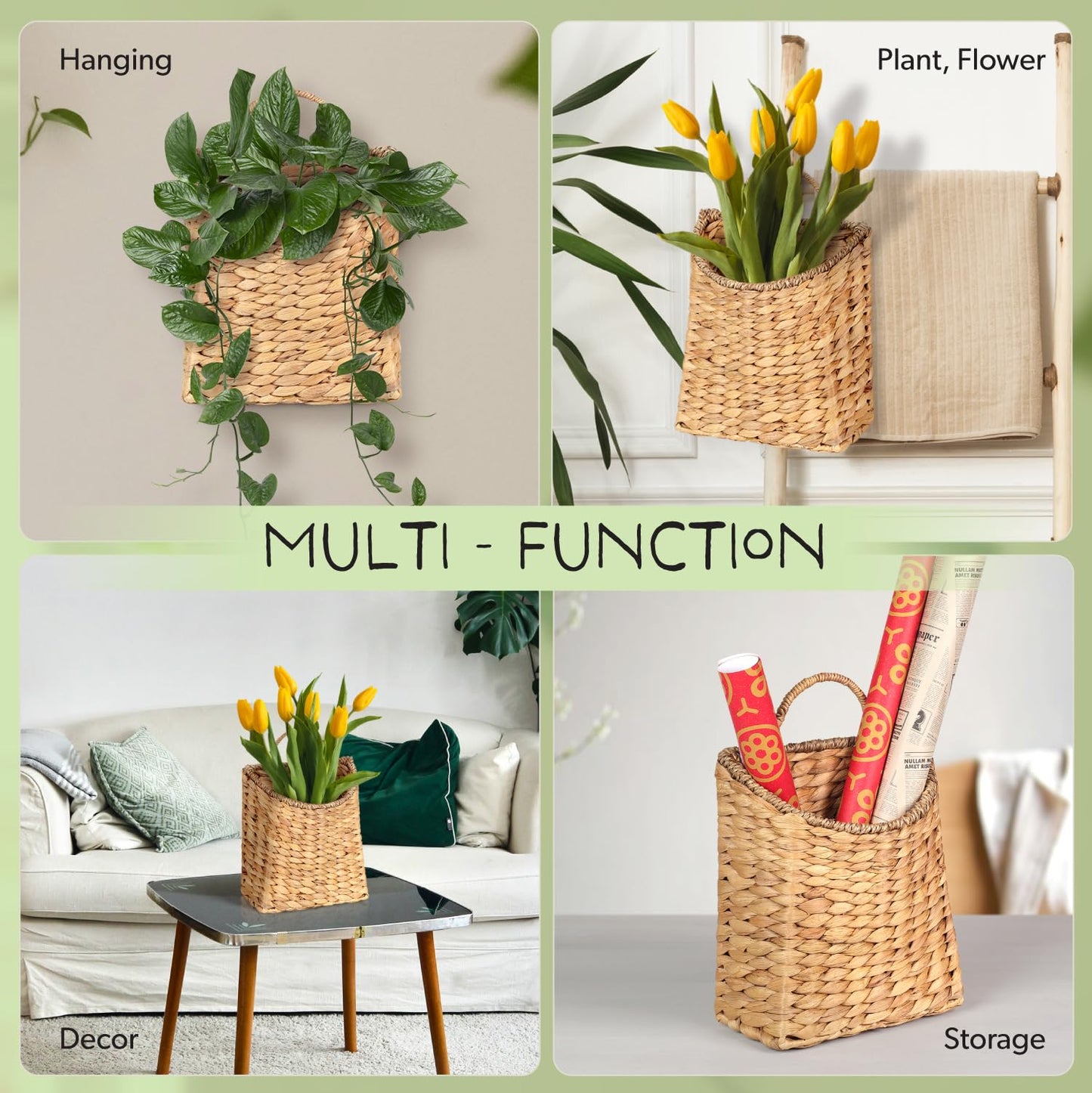 Woven Hanging Water Hyacinth Baskets, Hanging Wall Wicker Basket, Handmade Organizer Baskets, Hanging Flower Basket for Shelves, Walls, Doors, Balconies, Front of House, Garden, Farmhouse, Home.