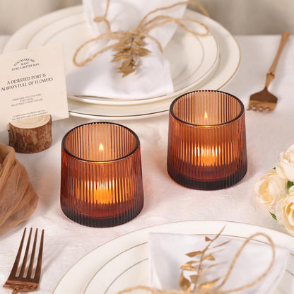 Amber Ribbed Tealight Votive Candle Holders- 6Pack Glass Candle Holders for Table Centerpiece, Home Decor, Wedding Decor, Party Dinner