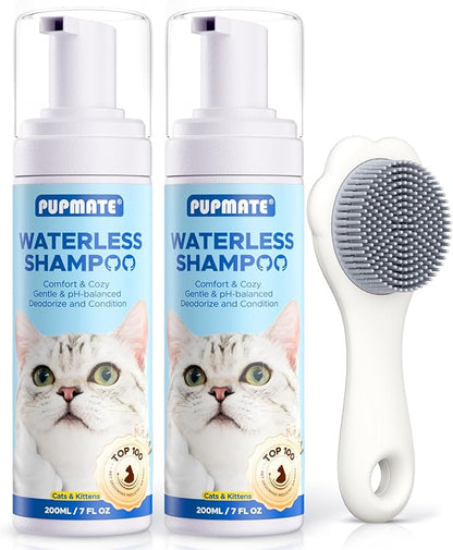 Cat Waterless Shampoo with Cat Brush - No Rinse Foam Dry Shampoo | Deep Cleansing Relieves Itchy Skin & Shedding | Gentle, pH-Balanced for Kittens Sensitive Skin | Specifically for Cat Bath | 7 oz*2