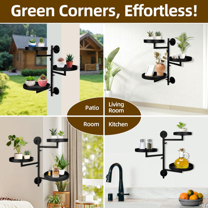 FAMIFAVOR Rotating Window Plant Shelves with Adjustable Knobs, 3 Tiers Metal Wall Shelf for Plants Indoor, Sturdy Hanging Plant Holder, Window Wall Decor & Gardening Gifts (Black)