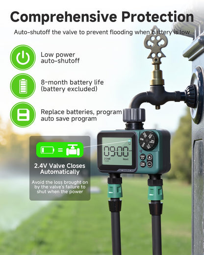 Sprinkler Timer 2 Zone & Digital Water Timer for Garden Hose, Yard, Lawn, Pool – Programmable Irrigation Controller with Rain Delay, IP66 Waterproof Auto & Manual Irrigation System