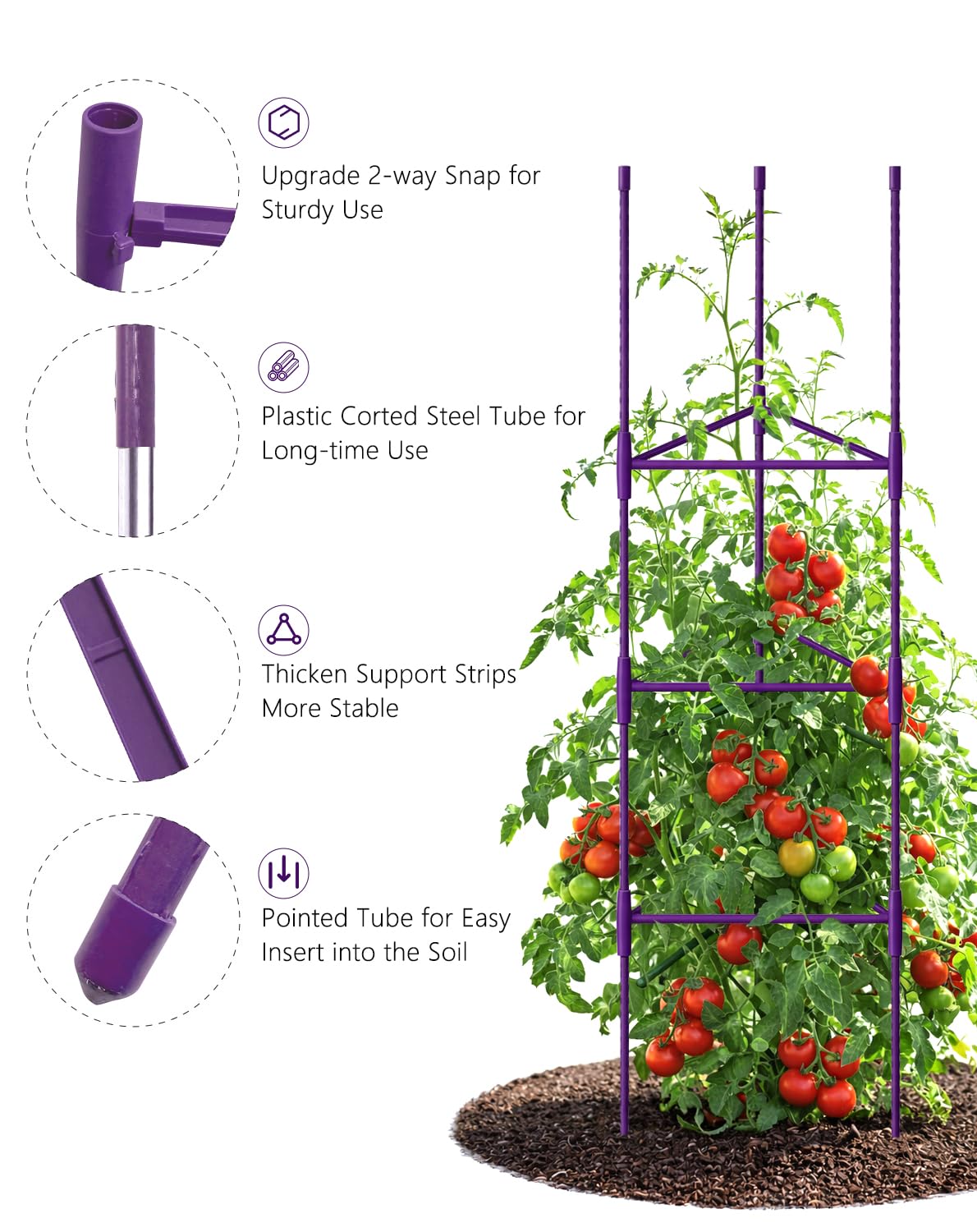 Growsun 51 inch Tomato Cage Heavy-Duty Plant Support Cucumber & Vine Vegetables – Adjustable Purple Metal Garden Trellis for Climbing Plants, Indoor & Outdoor Use, 3 Pack