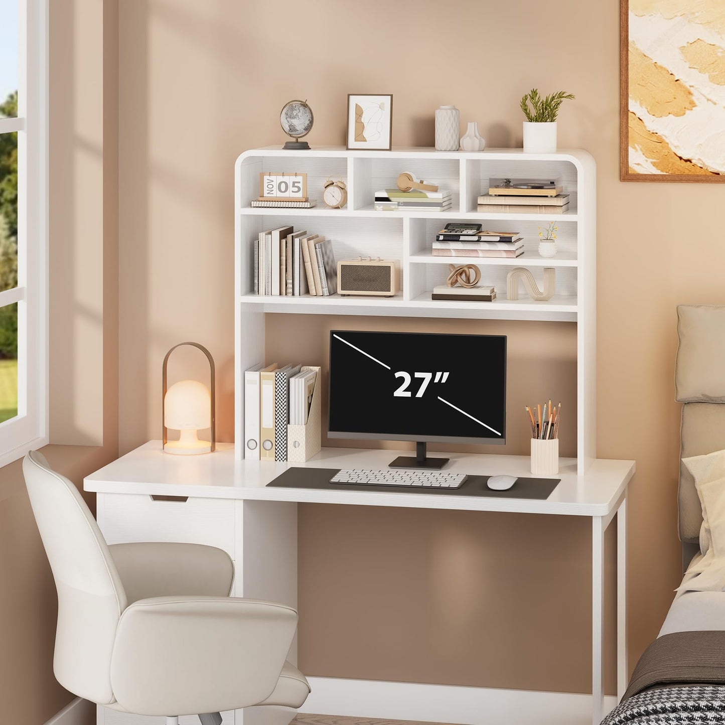 Homiflex 5-Tier Desk Shelf, 37.4''W Desktop Bookshelf for Computer Monitor, Desktop Organizer Shelf Storage Rack with 6 Cubbies, 5-Level Desk Hutch Display Rack for Home, Office, Dorm, Vanity, White