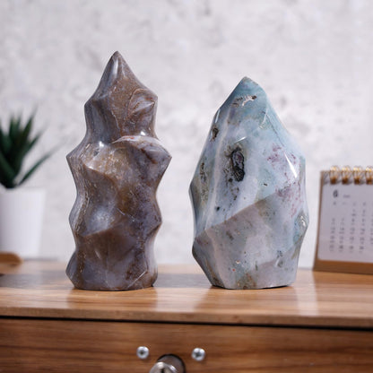 TUMBEELLUWA Ocean Jasper Crystal Obelisk Tower for Shelf Desk Decor, Flame Shaped Crystals and Healing Stones for Positive Energy 1.32-1.76 LBS