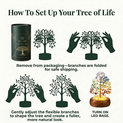 Amethyst Crystal Tree of Life with LED Light, Handcrafted Gemstone Bonsai on Quartz Base & Acacia Wood Stand – Spiritual Home & Office Décor, Feng Shui, Gift for Women