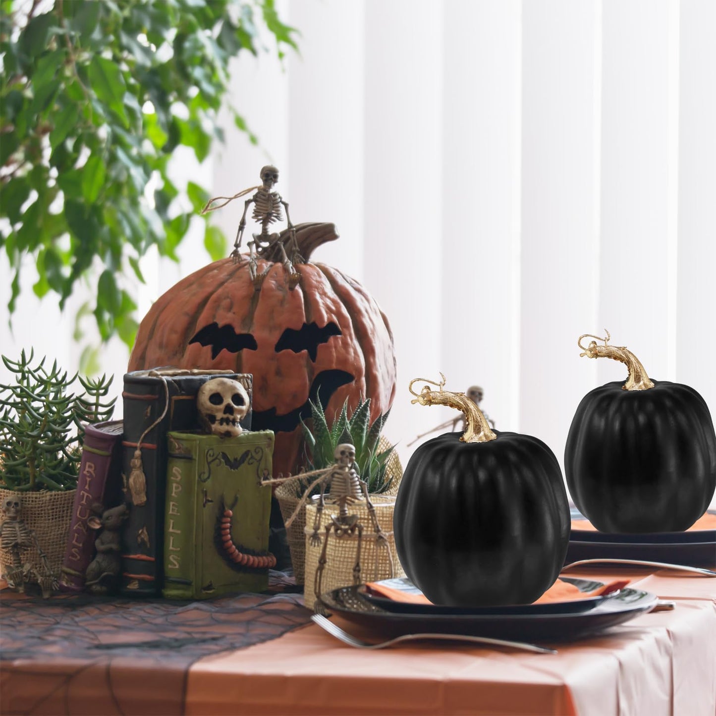 Winlyn 4 Pcs Black Artificial Pumpkins Halloween Pumpkins Faux Decorative Foam Pumpkins 6.7" Tall for Fall Autumn Home Halloween Party Thanksgiving Holiday Tabletop Centerpiece Mantel Shelf Décor