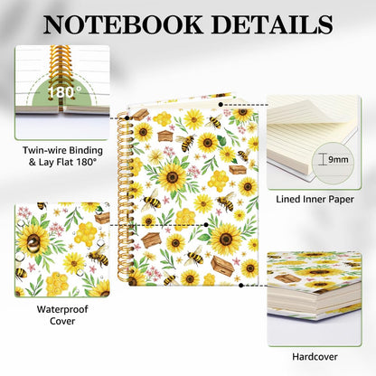 ERHACHAIJIA Sunflower & Bee Hardcover 160 Pages Lined Spiral Notebook, Funny Floral Ruled Journal for Women Flower Lover Bee Lover, Writing and Meditation Notebook Gifts, Mother's Day Birthday Gifts