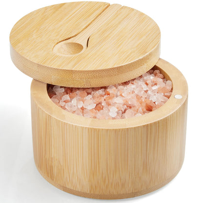 OUTNILI Salt Box Bowl with Lid and Spoon - Bamboo Salt Cellar with 360° Swivel Lid - Salt Container Holder for Sea Salt Herbs or Favorite Seasonings, 7 Ounce Capacity