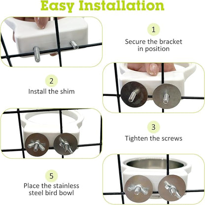Stainless Steel Bird Bowls for Cage 2 Pcs Parrot Feeding Dish Metal Food and Water Cups Detachable Birds Cage Feeder Hanging Finch Food Plates with Perch for Parakeet Budgie Lovebird (White)
