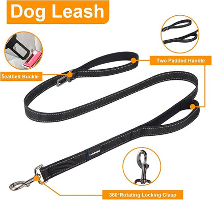 Annchwool No Pull Dog Harness,Heavy Duty Reflective Collar & Leash Set-Dog Leash with Double Handle & Car Seatbelt Clip-Easy Control for Walking Training Medium Large Size Dogs(Black,S)