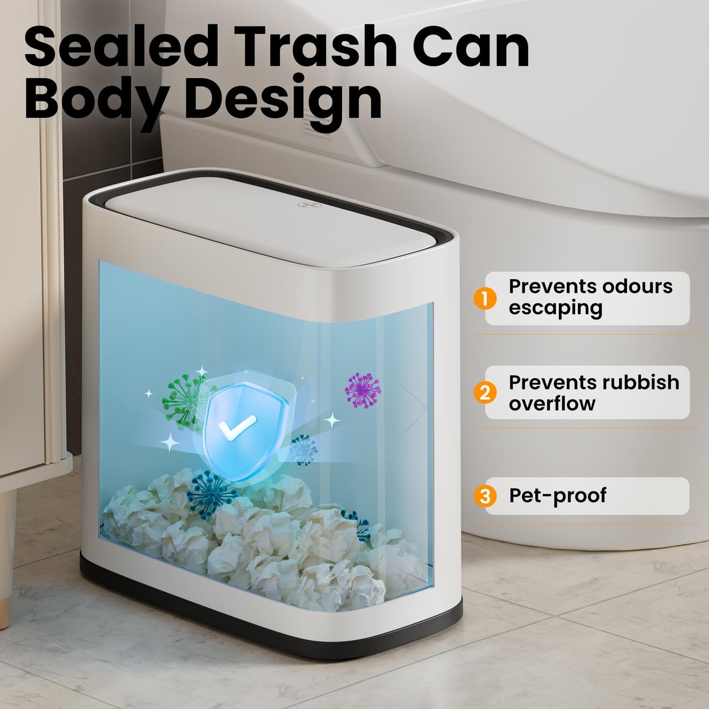 Bathroom Trash Can, 2.1 Gallon Small Slim Garbage Can with Lid and Wheels, Air-Press Bag Expander & Inner Bucket, White Plastic Waste Basket Dog Proof for Kitchen, Office, Bedroom, Garbage Trash Bin