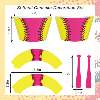 Whaline 36 Pcs Softball Cupcake Wrappers and Toppers Pink Bat Cupcake Liners Decorative Dessert Holders for Sweet Sport Party Cake Decoration