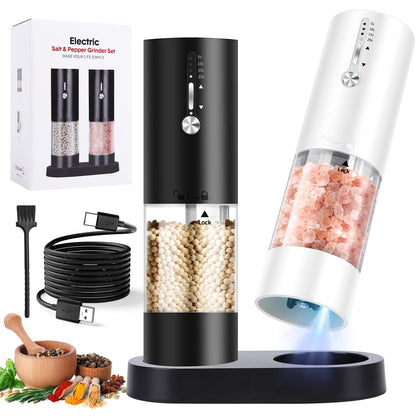 Hxro Electric Salt and Pepper Grinder, 120ml Capacity, 4 Level Timer, Salt and Pepper Mill with LED, USB Rechargeable, Adjustable Coarseness Grinder for Kitchen (2, Black&White Set)