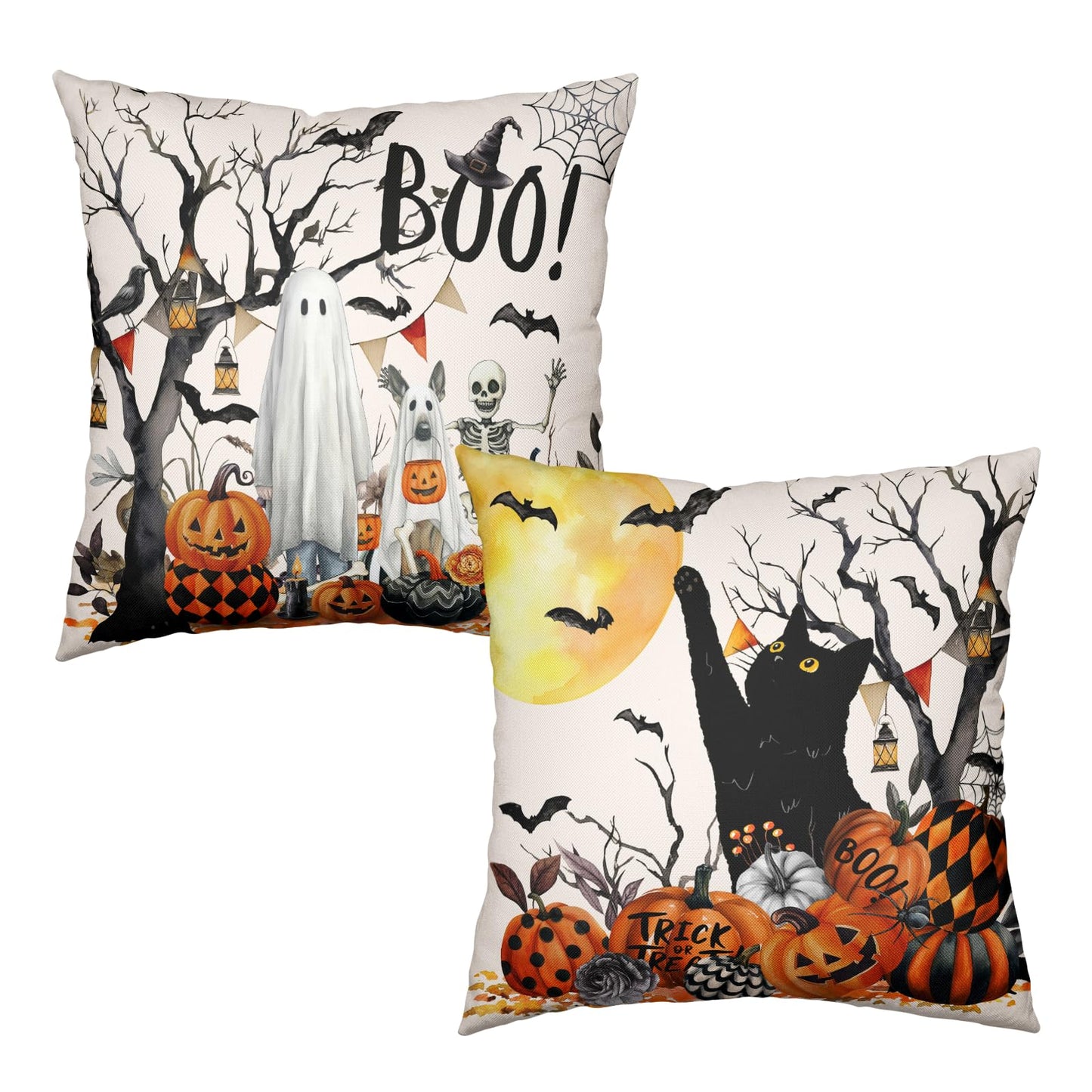 Wnoesat Halloween Outdoor Pillow Covers 18x18 Set of 2 Black Cat Pumpkin Moon Bat Throw Pillow Cases Ghost Spooky Boo Dog Skull Pillowcase Fall Holiday Decor for Home Sofa Couch