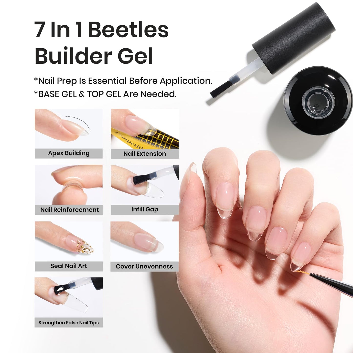 Beetles Builder Gel Set,3 Pcs 8 in 1 Nail Strengthening Apex Building Extension for Beginner DIY Salon at Home,Clear Builder Nail for Nails with Base and Top Coat Gel,UV & LED Lamp Needed