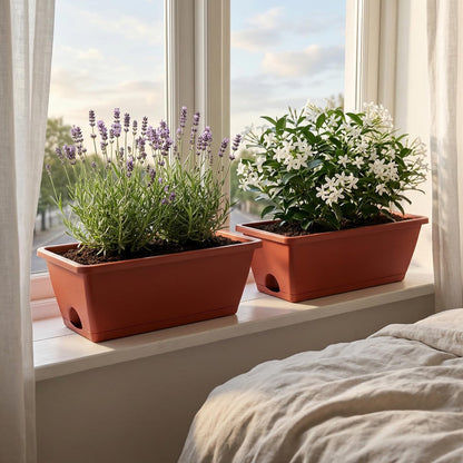 Yokodaza Red Window Box Planters, 7 Pack Rectangular Plastic Flower Planters Boxes with Saucers, 17 Inches Vegetable Planting Pots for Indoor Outdoor Garden, Patio, Windowsill, Home Decor