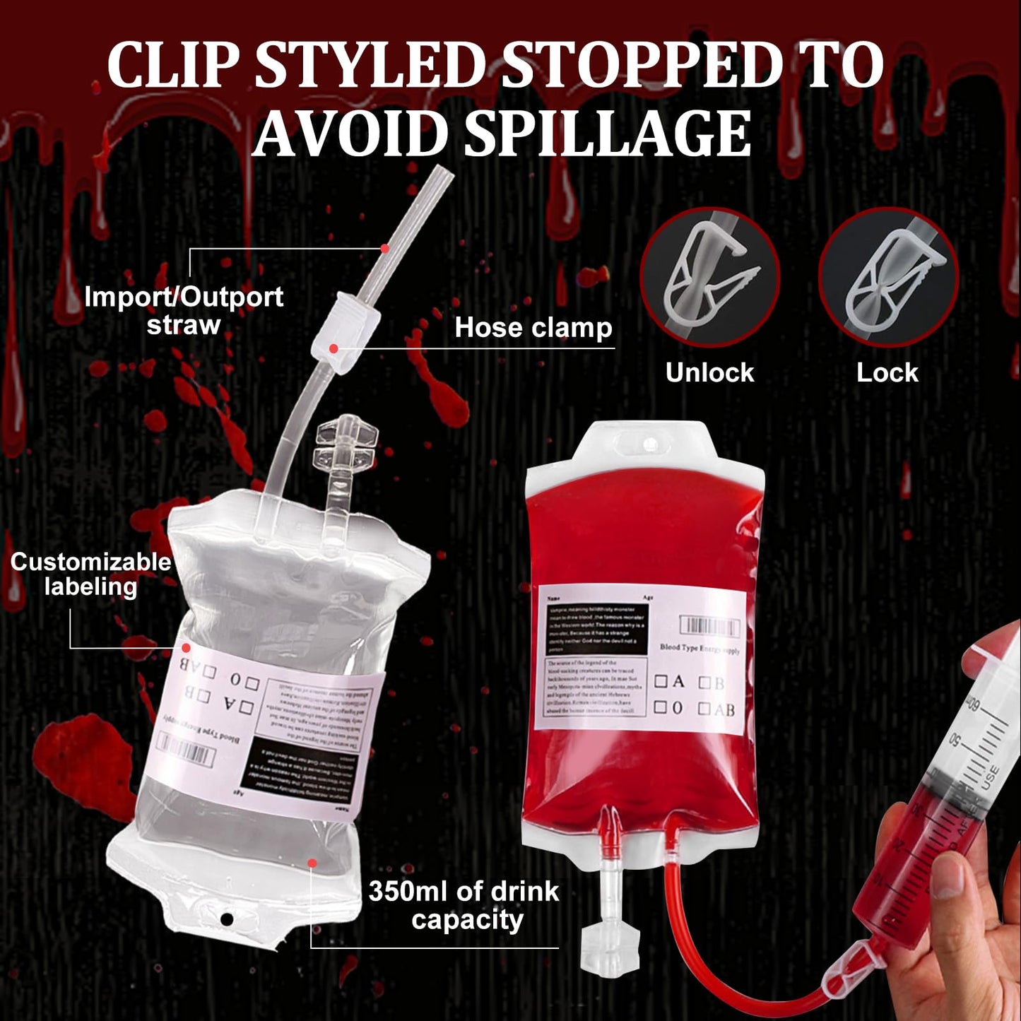 12 Pack Halloween Blood Bag Drink Containers, Reusable IV Blood Bags Pouches for Vampire Cosplay, Nurse, Medical, Horror Party Decorations, Doctor Nursing/RN Graduation, 12 Fl. Oz. Each + 2 Syringes