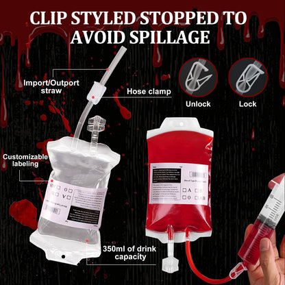 12 Pack Halloween Blood Bag Drink Containers, Reusable IV Blood Bags Pouches for Vampire Cosplay, Nurse, Medical, Horror Party Decorations, Doctor Nursing/RN Graduation, 12 Fl. Oz. Each + 2 Syringes