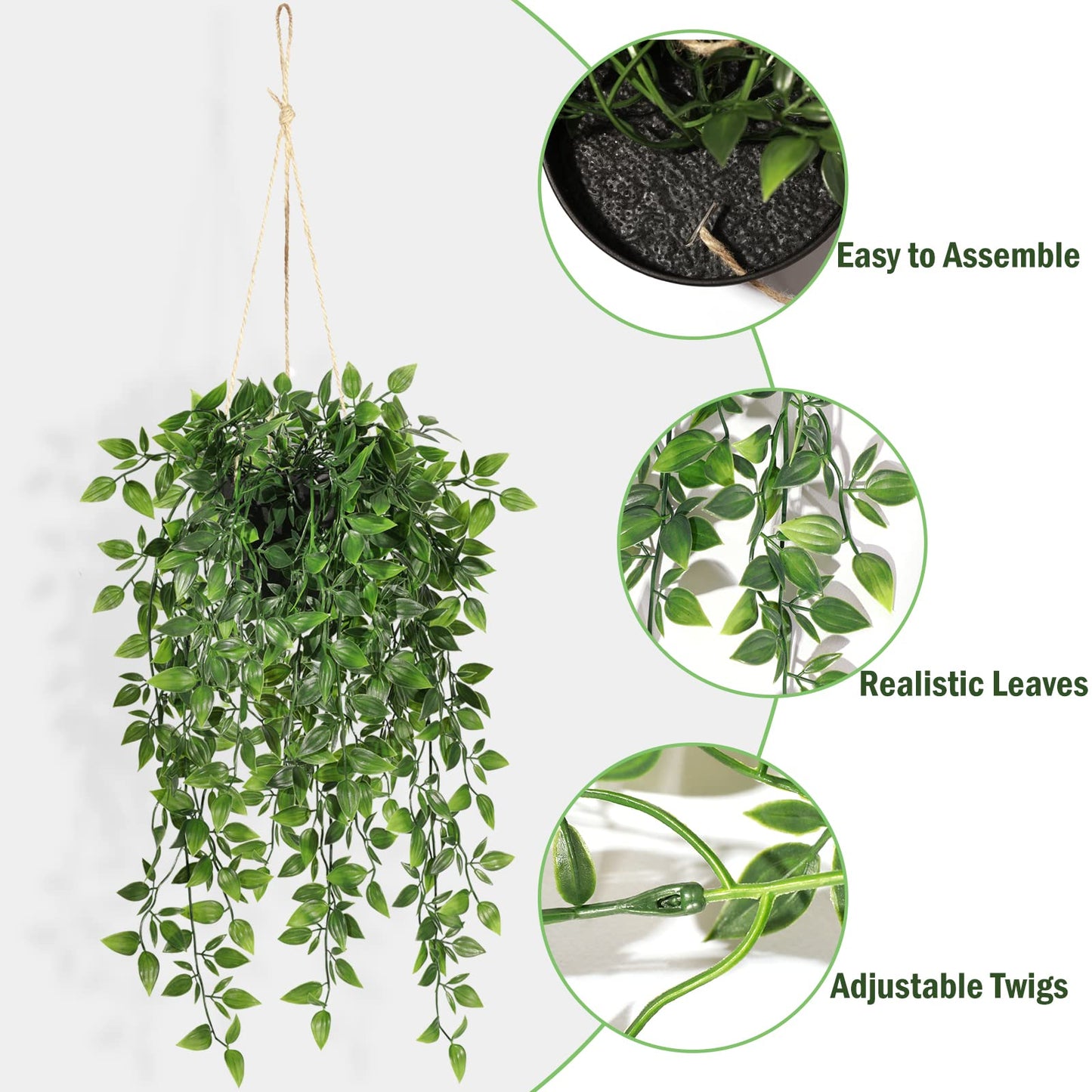 Fake Hanging Plants Indoor - 2 Pack Faux Greenery Plant for Home Decor Artificial Potted Vines with Black Plastic Planter for Bedroom Living Room Garden Front Porch Table Shelf Wall Decoration