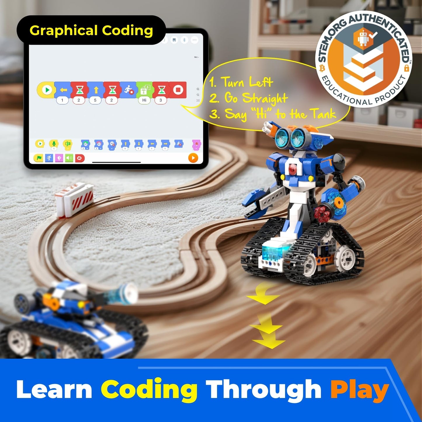 Apitor Robot J Creative Building Kit With Storage Box, 6-in-1 Programmable App Remote Control Tank STEM Learning Toy, Educational Coding Gifts for 7-12 Years Old Kids