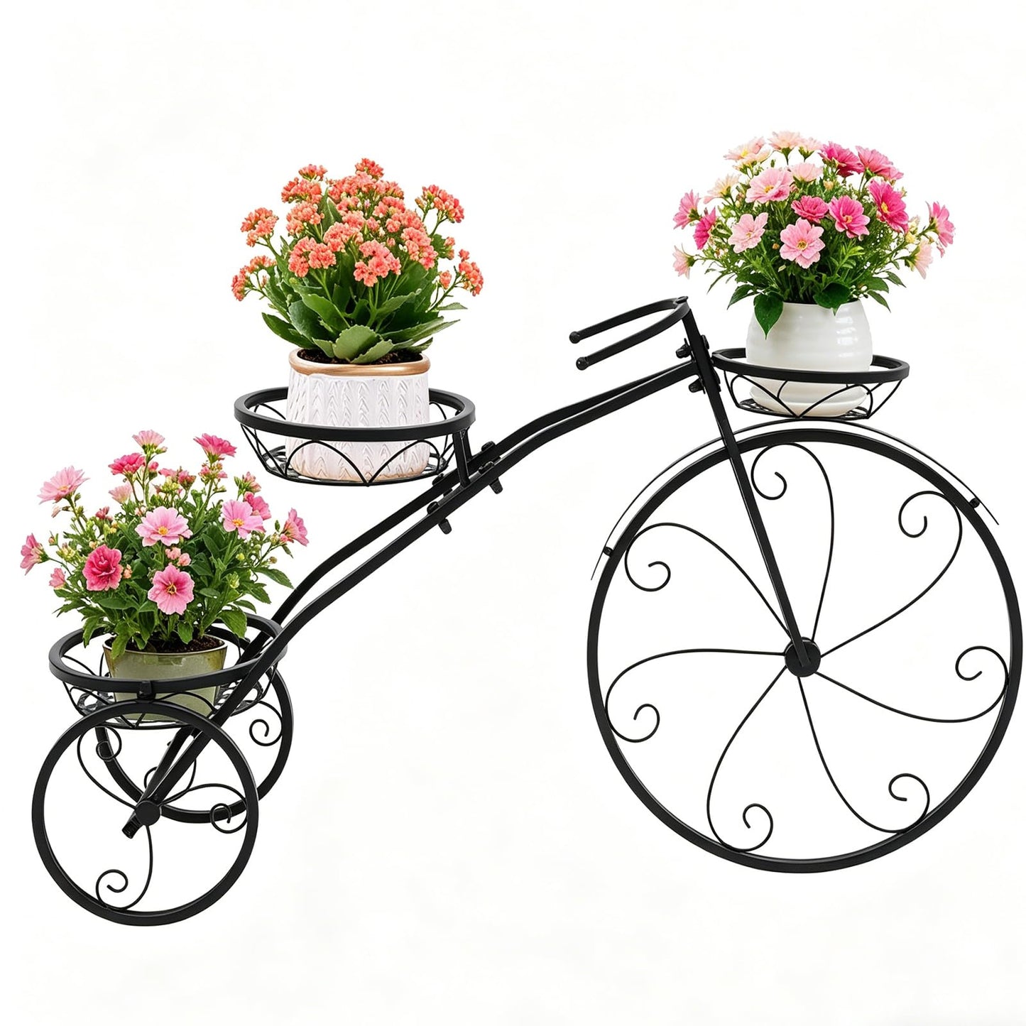 HCYHSLH Metal Bicycle Planter, 3 Tier Bicycle Flower Stand, 22 lbs Capacity Black Plant Pot Display Holder, 4.41lbs Indoor Outdoor Garden Patio Decor w/3 Flower Baskets, for Balconies
