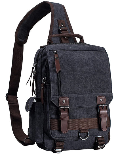 mygreen Crossbody Bag, Canvas Chest Leather Messenger Bag with One Strap Sling for Travel and Hiking (Large, Black)
