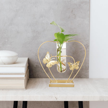 VOSAREA Hydroponic Glass Vase with Metal Butterfly Frame Decorative Hollow Flower Holder Plant Terrarium Home Table Centerpiece for Living Room and Office Decor