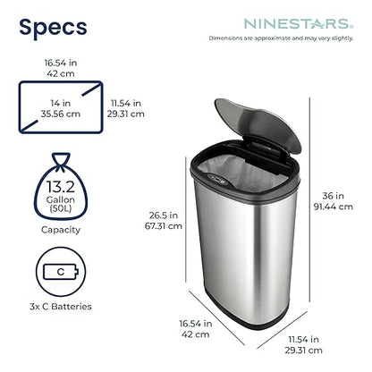 Ninestars 13 Gallon Oval Automatic Trash Can, 50L Touchless Motion Sensor Garbage Can with Odor-Sealing Lid & One-Touch Manual Mode, Silver Stainless Steel, Black Trim